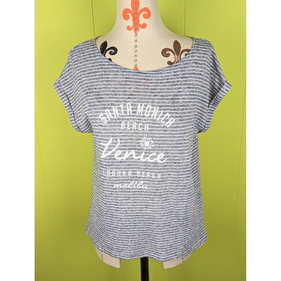 W5 Womens L Poly FLAX Blend Santa Monica Venice Laguna Malibu Striped Tee Gray - Picture 1 of 10